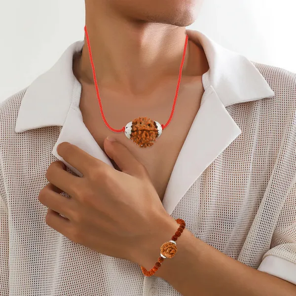 Combo_Of_4_Mukhi_Nepali_Rudraksha_Silver_Plated_Pendant_And_Bracelet_With_Sphatik_Crystal_Shivling_|_Astrological_Rudraksha_Natural_&_Certified
