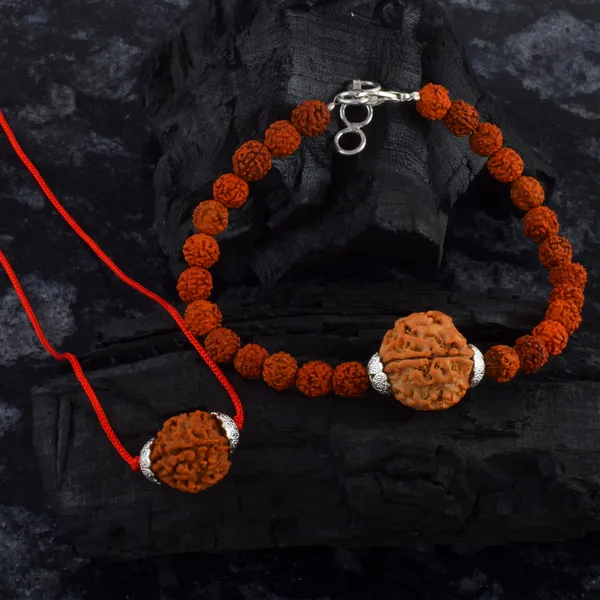 Combo_Of_4_Mukhi_Nepali_Rudraksha_Silver_Plated_Pendant_And_Bracelet_With_Sphatik_Crystal_Shivling_|_Astrological_Rudraksha_Natural_&_Certified