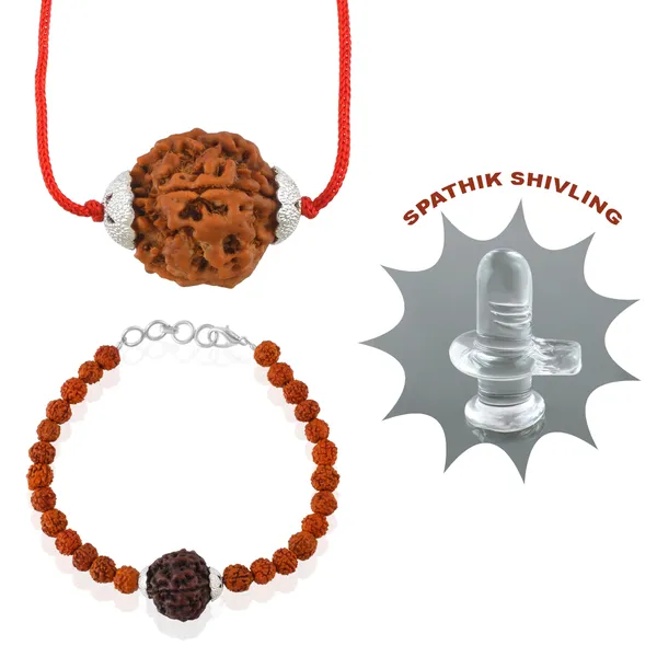 Combo_Of_5_Mukhi_Nepali_Rudraksha_Silver_Plated_Pendant_And_Bracelet_With_Sphatik_Crystal_Shivling_|_Astrological_Rudraksha_Natural_&_Certified