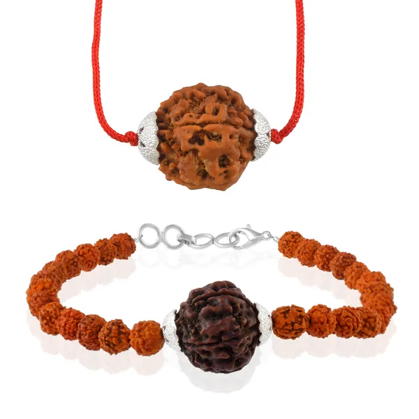 Combo_Of_5_Mukhi_Nepali_Rudraksha_Silver_Plated_Pendant_And_Bracelet_With_Sphatik_Crystal_Shivling_|_Astrological_Rudraksha_Natural_&_Certified