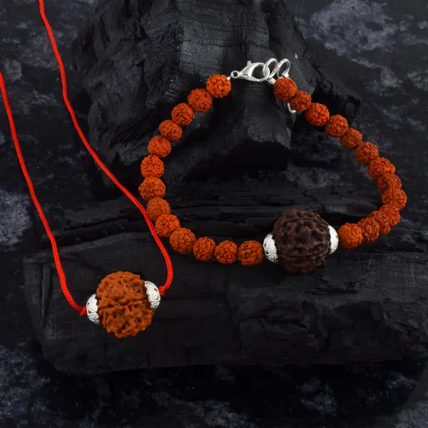 Combo_Of_5_Mukhi_Nepali_Rudraksha_Silver_Plated_Pendant_And_Bracelet_With_Sphatik_Crystal_Shivling_|_Astrological_Rudraksha_Natural_&_Certified
