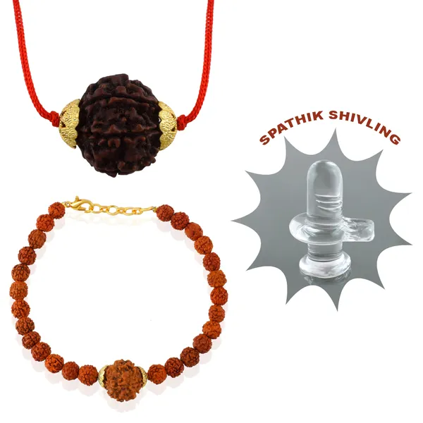 Combo_Of_6_Mukhi_Nepali_Rudraksha_Silver_Plated_Pendant_And_Bracelet_With_Sphatik_Crystal_Shivling_|_Astrological_Rudraksha_Natural_&_Certified