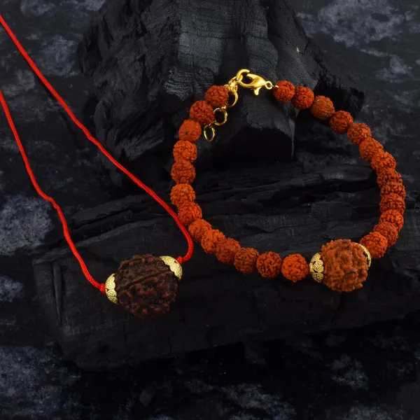 Combo_Of_6_Mukhi_Nepali_Rudraksha_Silver_Plated_Pendant_And_Bracelet_With_Sphatik_Crystal_Shivling_|_Astrological_Rudraksha_Natural_&_Certified