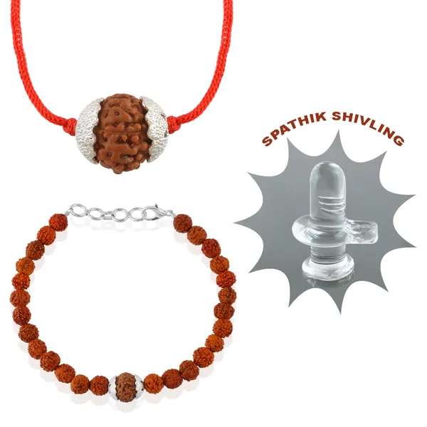 Combo_Of_8_Mukhi_Nepali_Rudraksha_Silver_Plated_Pendant_And_Bracelet_With_Sphatik_Crystal_Shivling_|_Astrological_Rudraksha_Natural_&_Certified