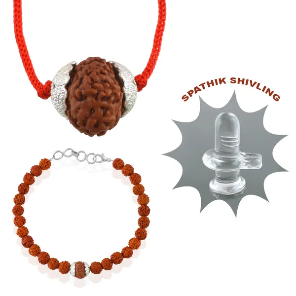 Combo_Of_10_Mukhi_Nepali_Rudraksha_Silver_Plated_Pendant_And_Bracelet_With_Sphatik_Crystal_Shivling_|_Astrological_Rudraksha_Natural_&_Certified