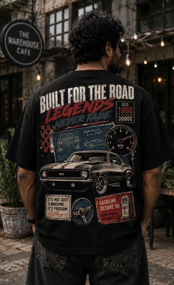 Appam_Legends_Never_Fade_Oversized_T-Shirt_|_Built_for_The_Road_Vintage_Muscle_Car_Graphic_|_Back_Printed_Retro_Auto_Tee_|_240_GSM_Biowashed_Cotton_Black