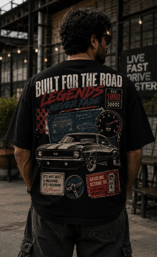 Appam_Legends_Never_Fade_Oversized_T-Shirt_|_Built_for_The_Road_Vintage_Muscle_Car_Graphic_|_Back_Printed_Retro_Auto_Tee_|_240_GSM_Biowashed_Cotton_Black