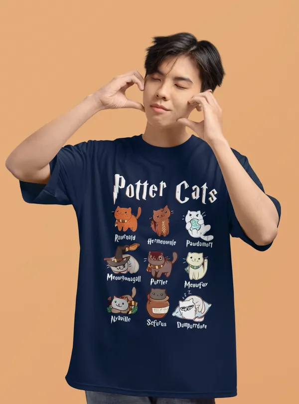 Darkest_Blue_Pure_Cotton_Oversized_Drop_Shoulder_T-shirt_With_240_GSM_(Potter_Cats)_For_Men