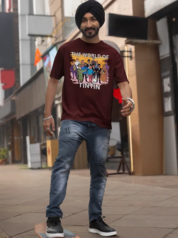 Maroon_Pure_Cotton_Oversized_Drop_Shoulder_Unisex_T-shirt_With_240_GSM_(World_Of_Tintin)