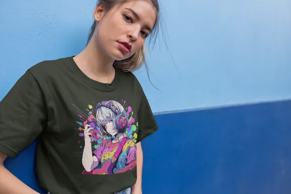 Forest_Green_Cotton_Oversized_Drop_Shoulder_Unisex_T-shirt_With_240_GSM_(Anime_Headphone)