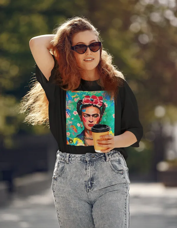 Black_Cotton_Oversized_Drop_Shoulder_Unisex_T-shirt_With_240_GSM_(Frida_Kahlo_Self_Portrait)