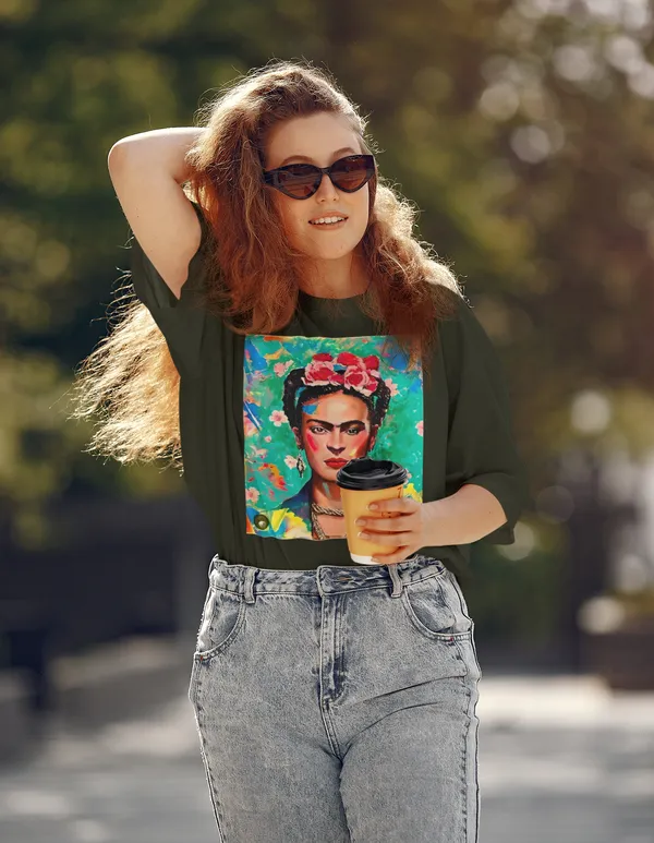 Forest_Green_Cotton_Oversized_Drop_Shoulder_Unisex_T-shirt_With_240_GSM_(Frida_Kahlo_Self_Portrait)