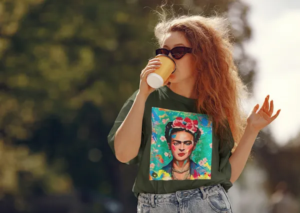 Forest_Green_Cotton_Oversized_Drop_Shoulder_Unisex_T-shirt_With_240_GSM_(Frida_Kahlo_Self_Portrait)