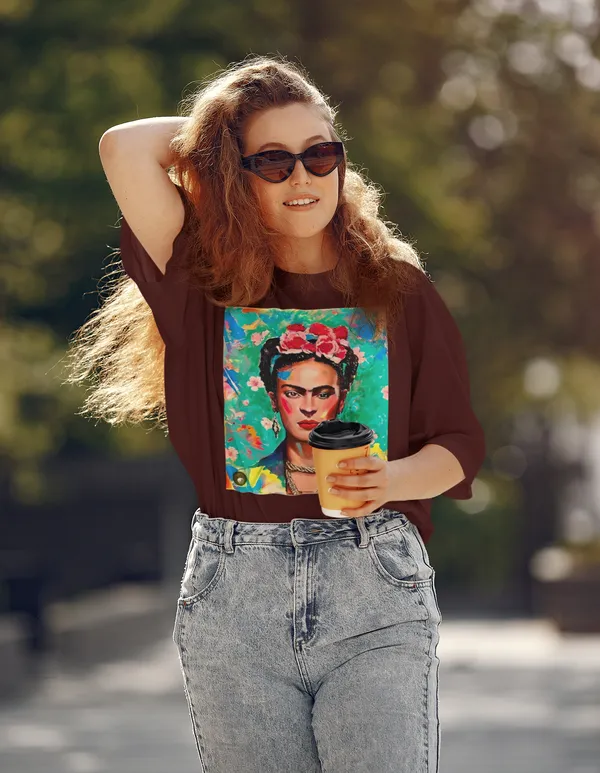 Maroon_Cotton_Oversized_Drop_Shoulder_Unisex_T-shirt_With_240_GSM_(Frida_Kahlo_Self_Portrait)