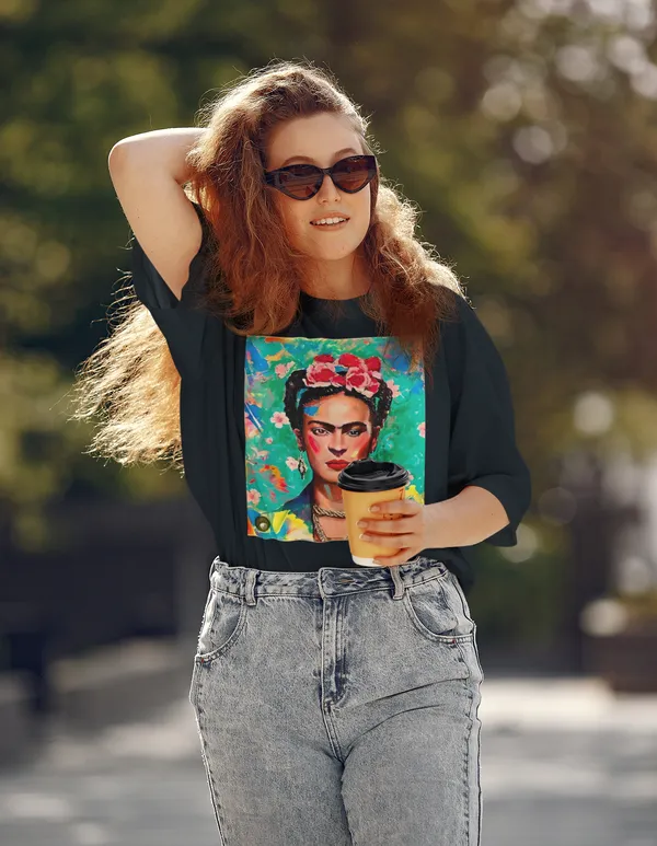 Darkest_Blue_Cotton_Oversized_Drop_Shoulder_Unisex_T-shirt_With_240_GSM_(Frida_Kahlo_Self_Portrait)