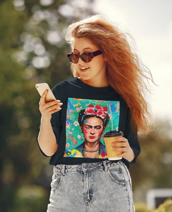 Darkest_Blue_Cotton_Oversized_Drop_Shoulder_Unisex_T-shirt_With_240_GSM_(Frida_Kahlo_Self_Portrait)