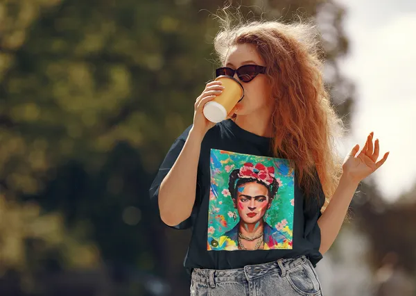 Darkest_Blue_Cotton_Oversized_Drop_Shoulder_Unisex_T-shirt_With_240_GSM_(Frida_Kahlo_Self_Portrait)