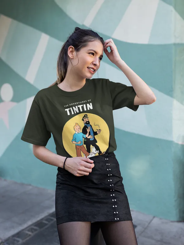 Forest_Green_Cotton_Oversized_Drop_Shoulder_Women_T-shirt_With_240_GSM_(Adventure_Of_Tintin)
