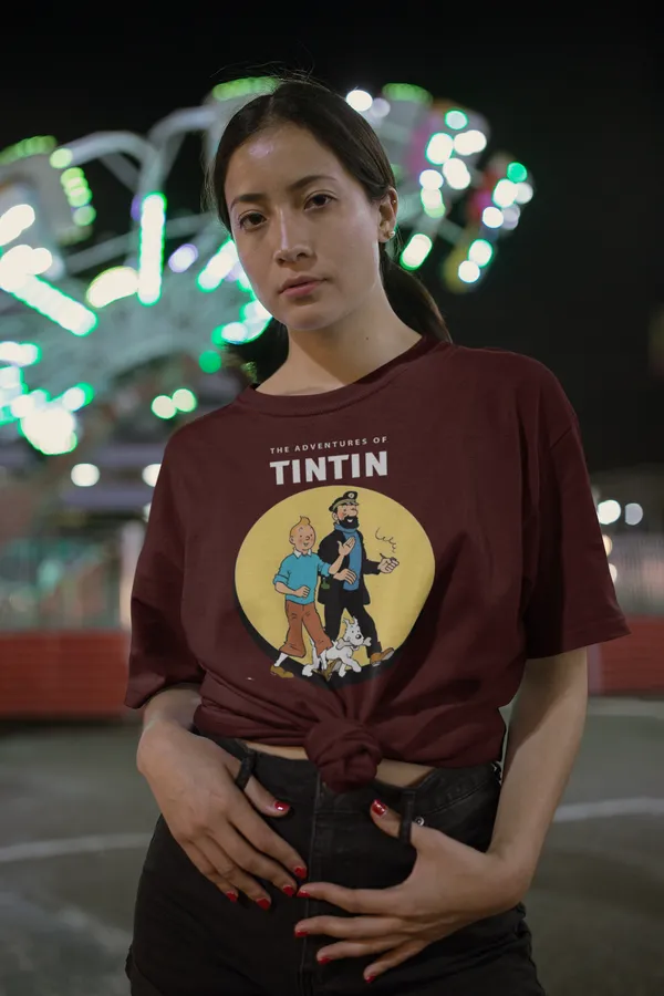 Maroon_Cotton_Oversized_Drop_Shoulder_Women_T-shirt_With_240_GSM_(Adventure_Of_Tintin)