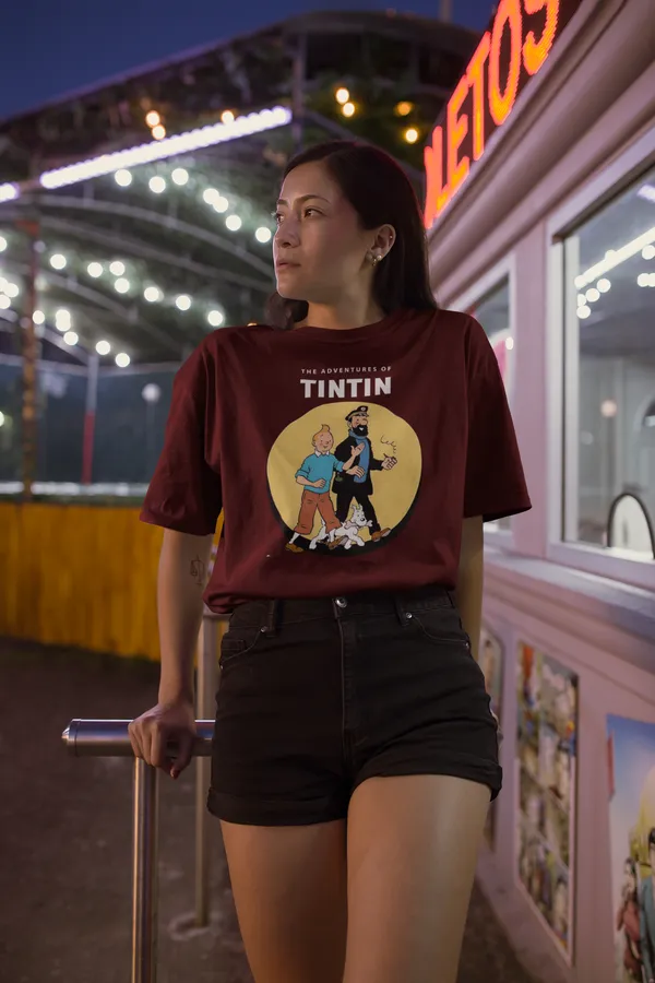 Maroon_Cotton_Oversized_Drop_Shoulder_Women_T-shirt_With_240_GSM_(Adventure_Of_Tintin)