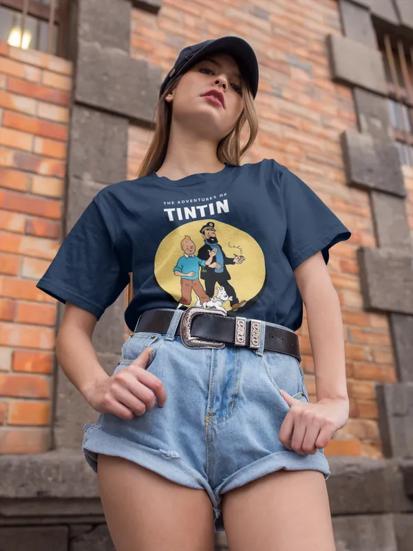 Darkest_Blue_Cotton_Oversized_Drop_Shoulder_Women_T-shirt_With_240_GSM_(Adventure_Of_Tintin)