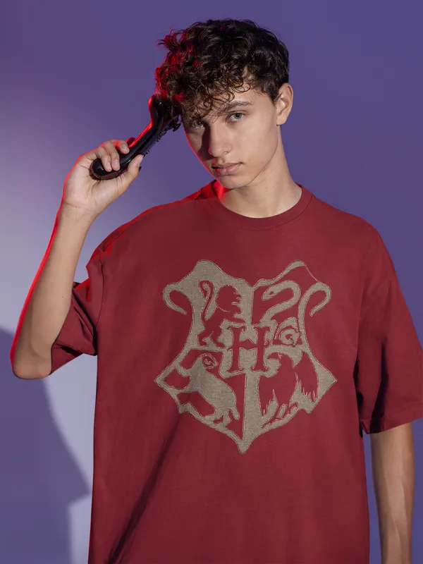 Maroon_Pure_Cotton_Oversized_Drop_Shoulder_Unisex_T-shirt_With_240_GSM_(Harry_Potter_All_House_Logo)