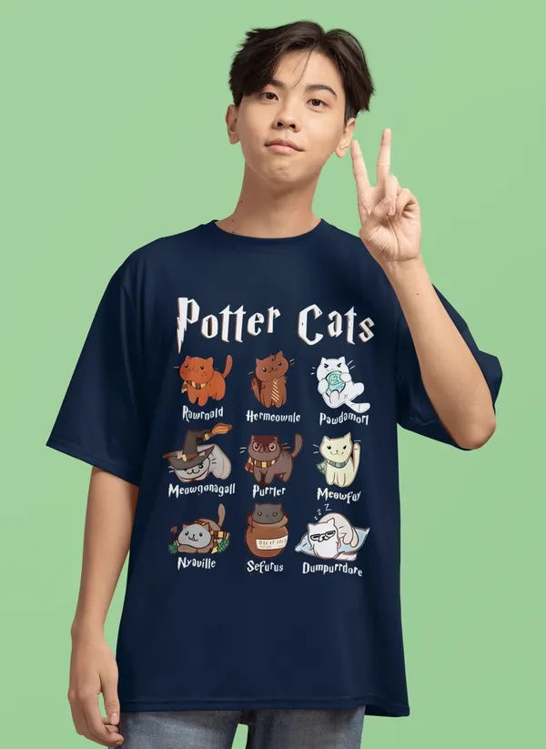 Darkest_Blue_Pure_Cotton_Oversized_Drop_Shoulder_T-shirt_With_240_GSM_(Potter_Cats)_For_Men