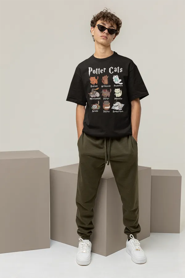 Black_Pure_Cotton_Oversized_Drop_Shoulder_Unisex_T-shirt_With_240_GSM_(Potter_Cats)