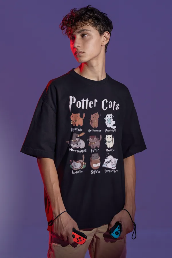 Black_Pure_Cotton_Oversized_Drop_Shoulder_Unisex_T-shirt_With_240_GSM_(Potter_Cats)