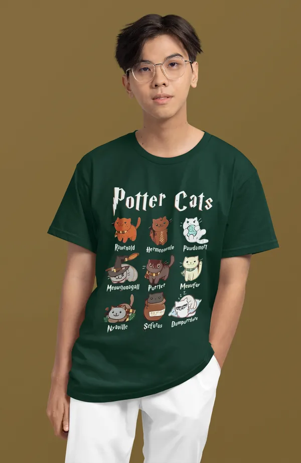 Forest_Green_Pure_Cotton_Oversized_Drop_Shoulder_Unisex_T-shirt_With_240_GSM_(Potter_Cats)