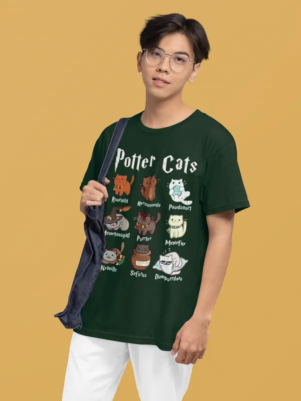 Forest_Green_Pure_Cotton_Oversized_Drop_Shoulder_Unisex_T-shirt_With_240_GSM_(Potter_Cats)