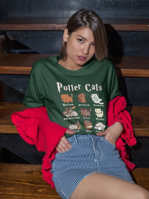 Forest_Green_Pure_Cotton_Oversized_Drop_Shoulder_Unisex_T-shirt_With_240_GSM_(Potter_Cats)