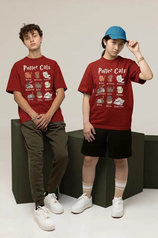 Maroon_Pure_Cotton_Oversized_Drop_Shoulder_Unisex_T-shirt_With_240_GSM_(Potter_Cats)
