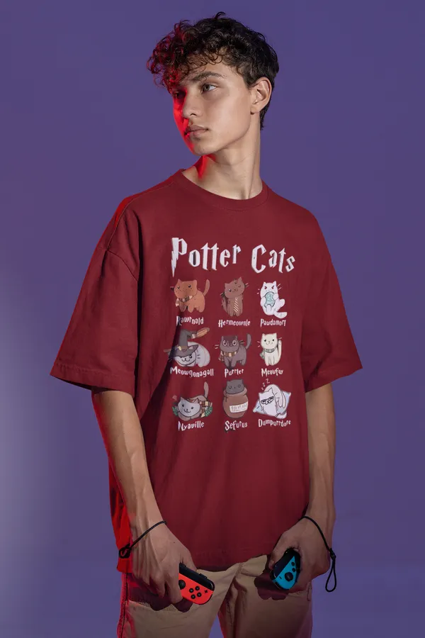 Maroon_Pure_Cotton_Oversized_Drop_Shoulder_Unisex_T-shirt_With_240_GSM_(Potter_Cats)
