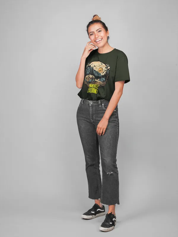 Forest_Green_Pure_Cotton_Oversized_Drop_Shoulder_women_T-shirt_With_240_GSM_(Never_Stop_Exploring_Travel_T_shirt)