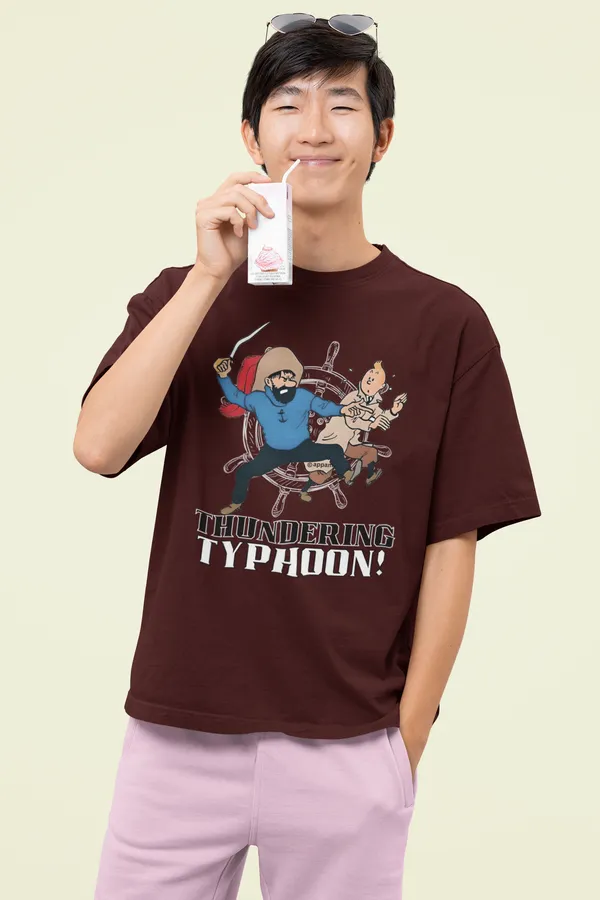 Maroon_Cotton_Oversized_Drop_Shoulder_T-shirt_With_240_GSM_(Tintin_Thundering_Typhoon)_For_Men
