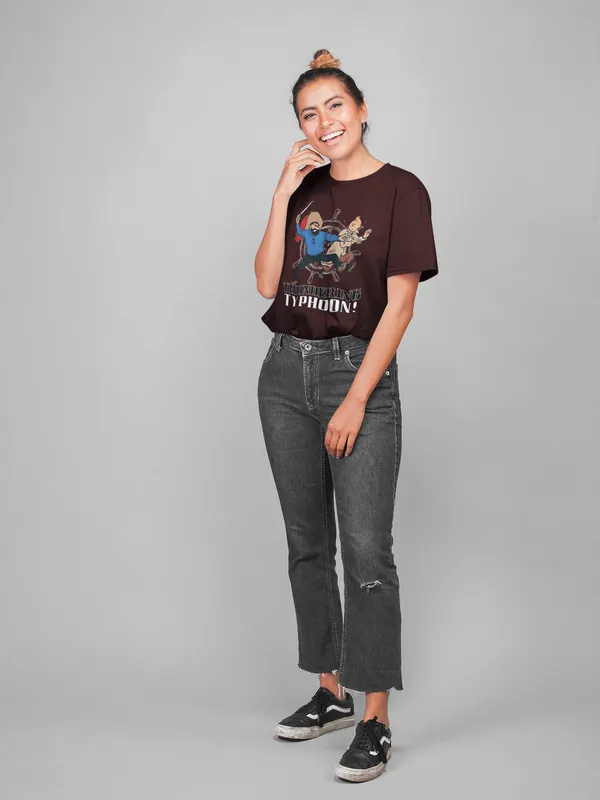 Maroon_Cotton_Oversized_Drop_Shoulder_Women_T-shirt_With_240_GSM_(Tintin_Thundering_Typhoon)