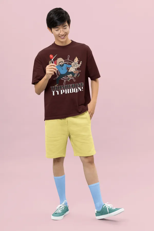 Maroon_Cotton_Oversized_Drop_Shoulder_T-shirt_With_240_GSM_(Tintin_Thundering_Typhoon)_For_Men