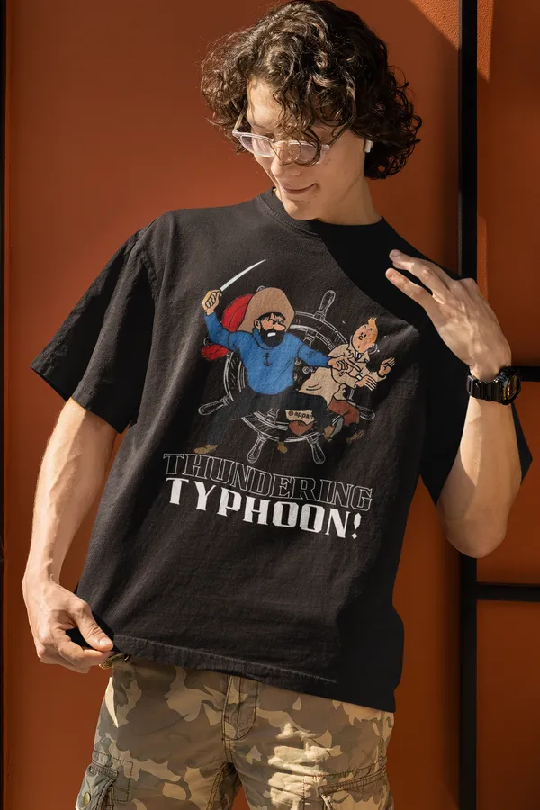 Black_Cotton_Oversized_Drop_Shoulder_Unisex_T-shirt_With_240_GSM_(Tintin_Thundering_Typhoon)