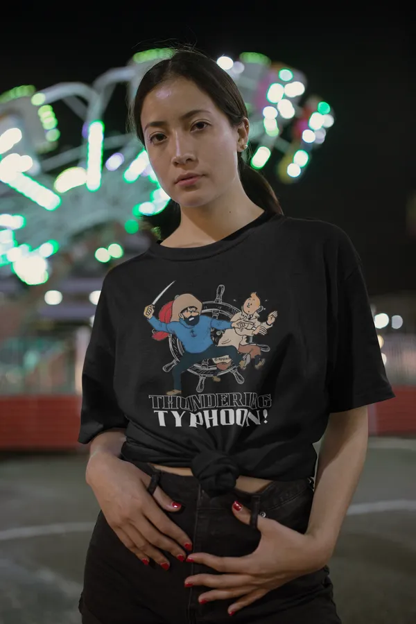 Black_Cotton_Oversized_Drop_Shoulder_Unisex_T-shirt_With_240_GSM_(Tintin_Thundering_Typhoon)