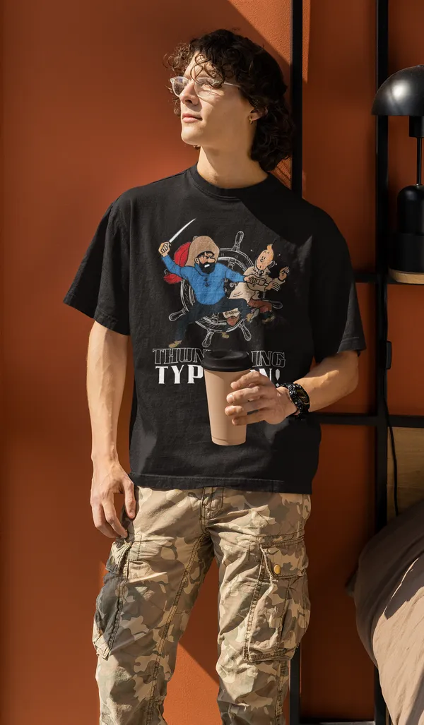 Black_Cotton_Oversized_Drop_Shoulder_Unisex_T-shirt_With_240_GSM_(Tintin_Thundering_Typhoon)