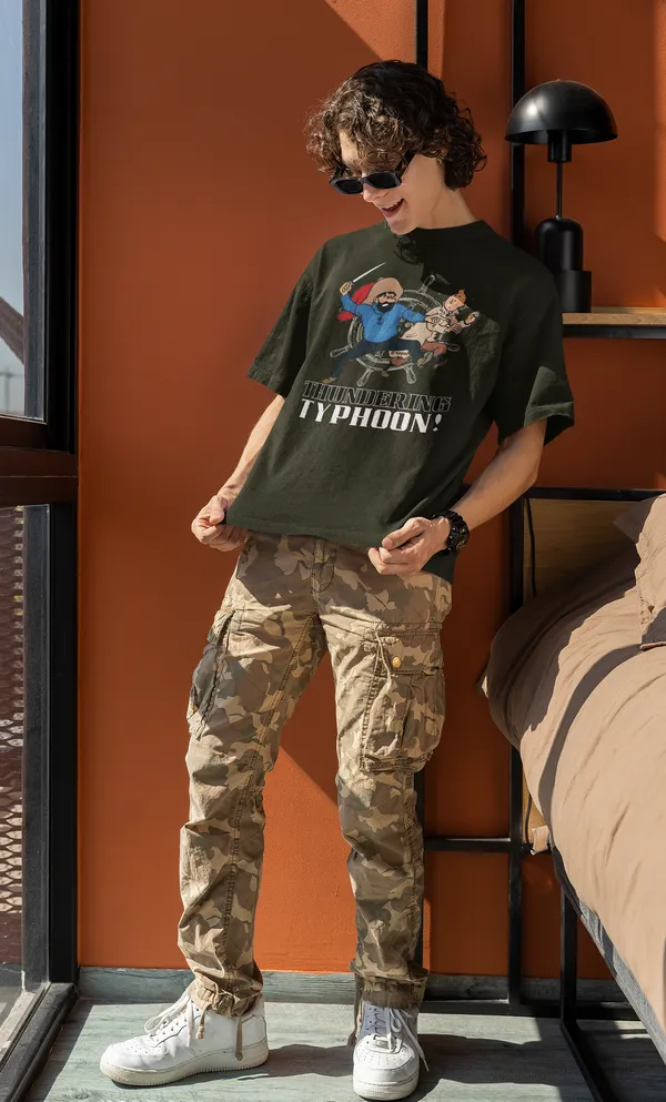 Forest_Green_Cotton_Oversized_Drop_Shoulder_Unisex_T-shirt_With_240_GSM_(Tintin_Thundering_Typhoon)