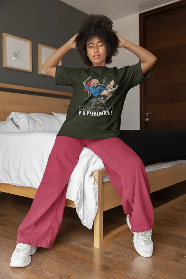 Forest_Green_Cotton_Oversized_Drop_Shoulder_Unisex_T-shirt_With_240_GSM_(Tintin_Thundering_Typhoon)