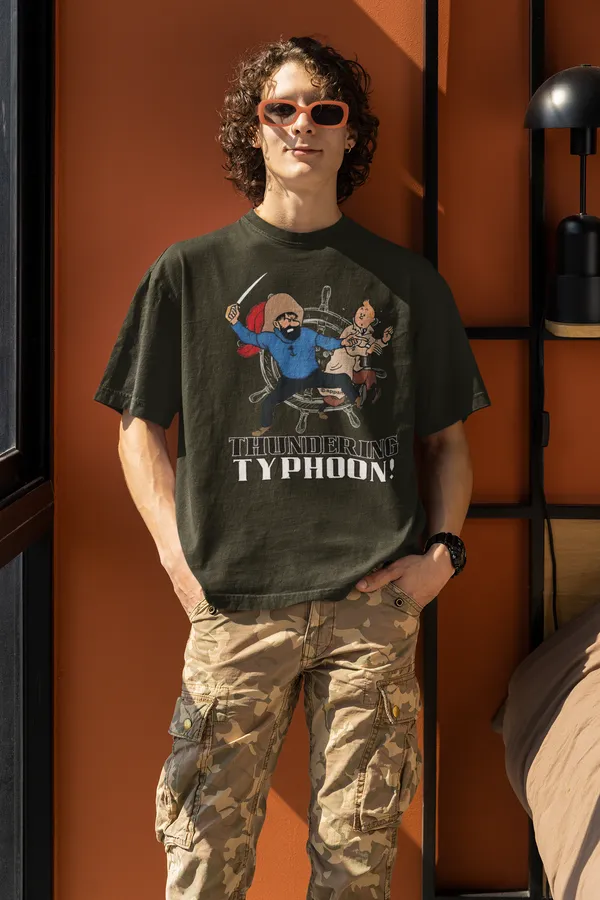 Forest_Green_Cotton_Oversized_Drop_Shoulder_Unisex_T-shirt_With_240_GSM_(Tintin_Thundering_Typhoon)