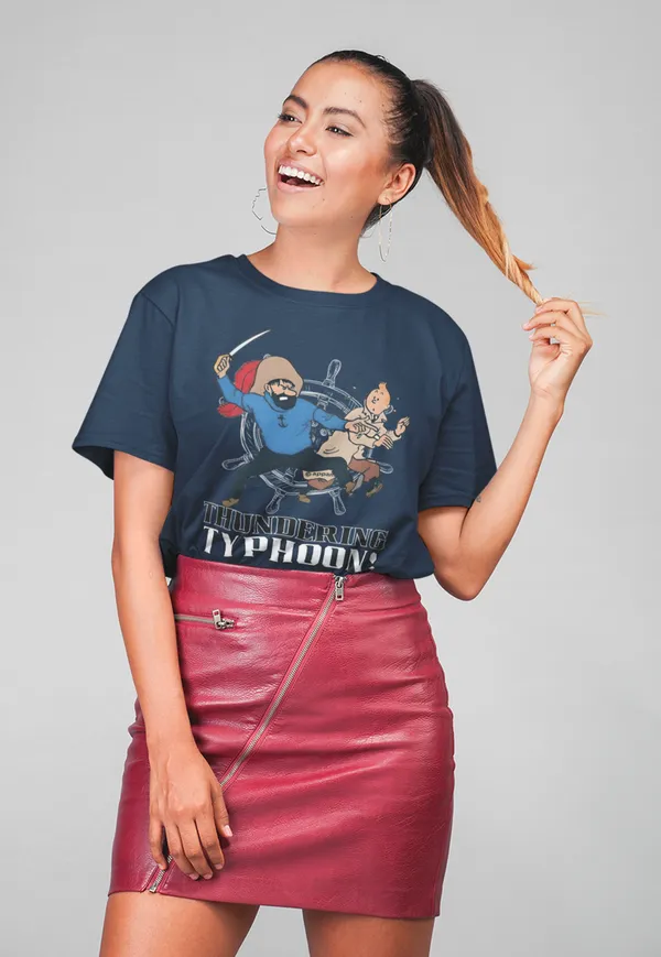 Darkest_Blue_Cotton_Oversized_Drop_Shoulder_Women_T-shirt_With_240_GSM_(Tintin_Thundering_Typhoon)