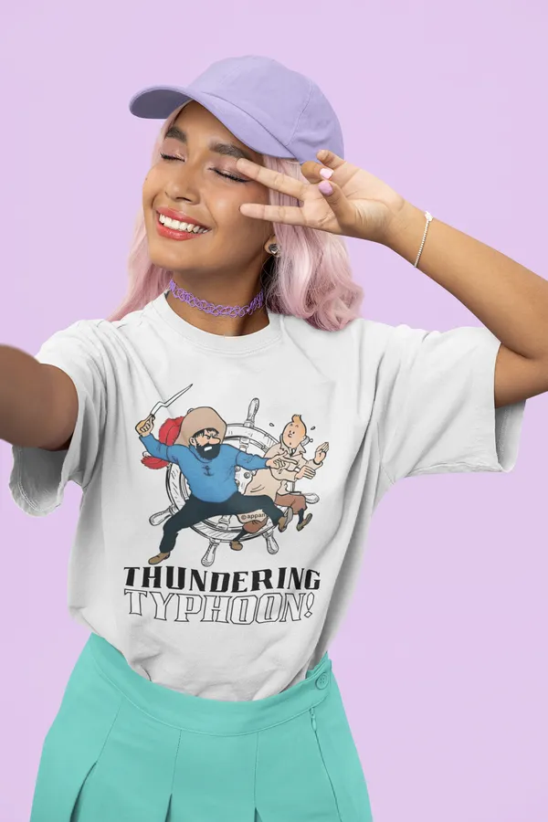 Off_White_Cotton_Oversized_Drop_Shoulder_Women_T-shirt_With_240_GSM_(Tintin_Thundering_Typhoon)