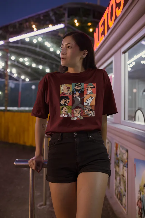 Maroon_Pure_Cotton_Oversized_Drop_Shoulder_Women_T-shirt_With_240_GSM_(Tintin_All_Characters)