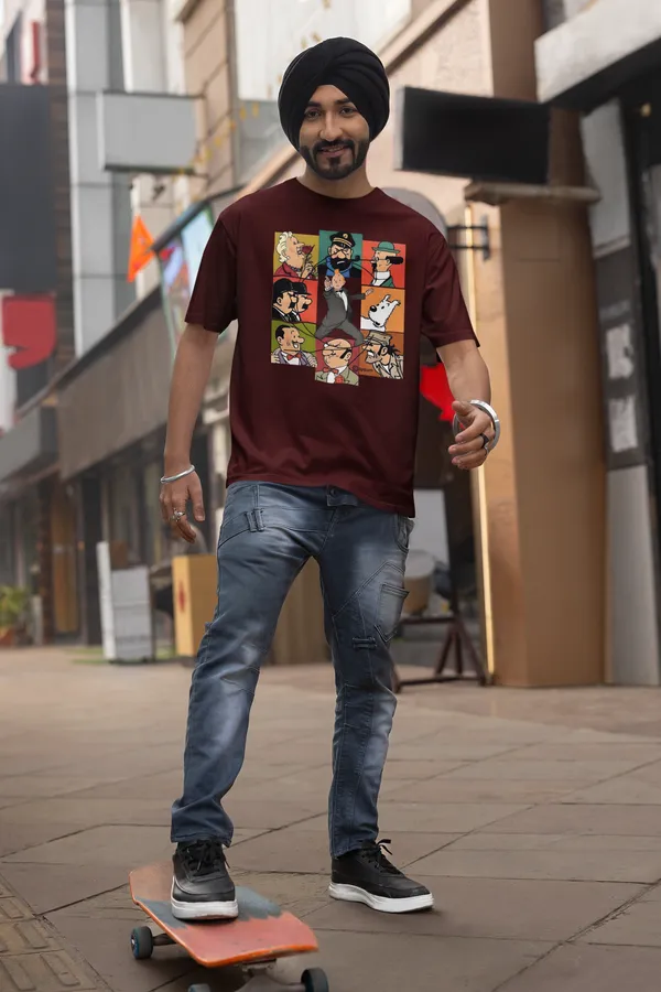 Maroon_Pure_Cotton_Oversized_Drop_Shoulder_T-shirt_With_240_GSM_(Tintin_All_Characters)_For_Men