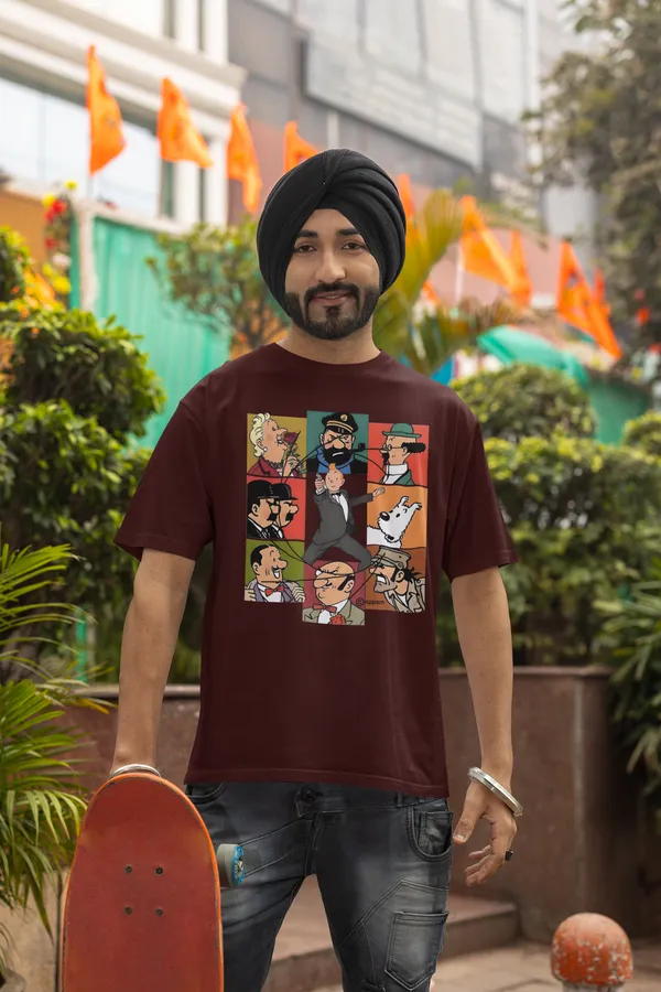 Maroon_Pure_Cotton_Oversized_Drop_Shoulder_T-shirt_With_240_GSM_(Tintin_All_Characters)_For_Men