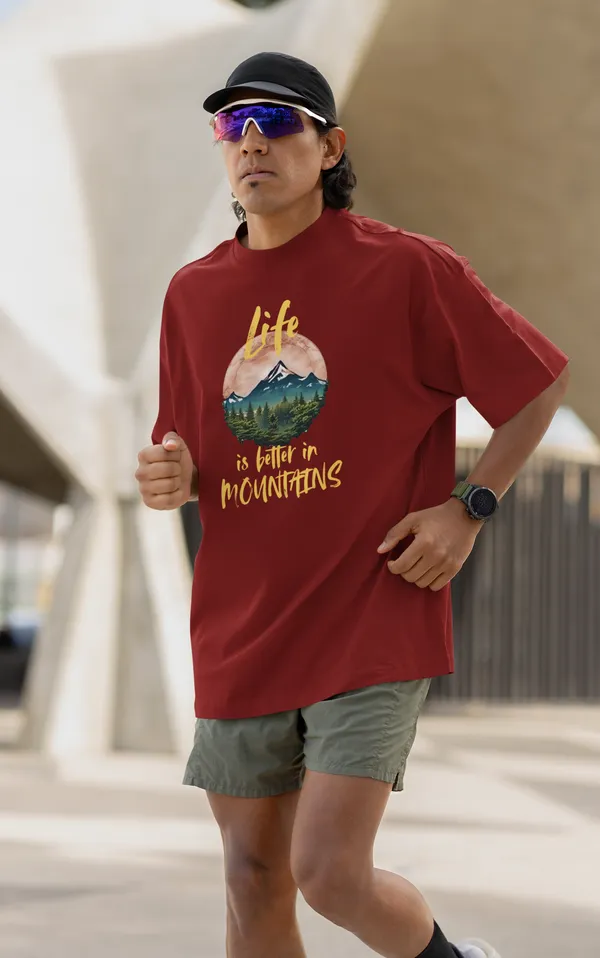 Maroon_Pure_Cotton_Oversized_Drop_Shoulder_Men_T-shirt_With_240_GSM_(Travel_Tshirt_Life_in_Mountain)